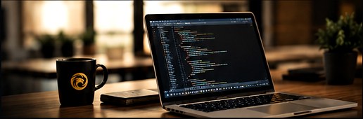 Notebook com código e café da Maximoos